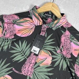 Bad Birdie Golf Polo Shirt Mens Size L Dayglow Short Sleeve Cheetah Palm Trees